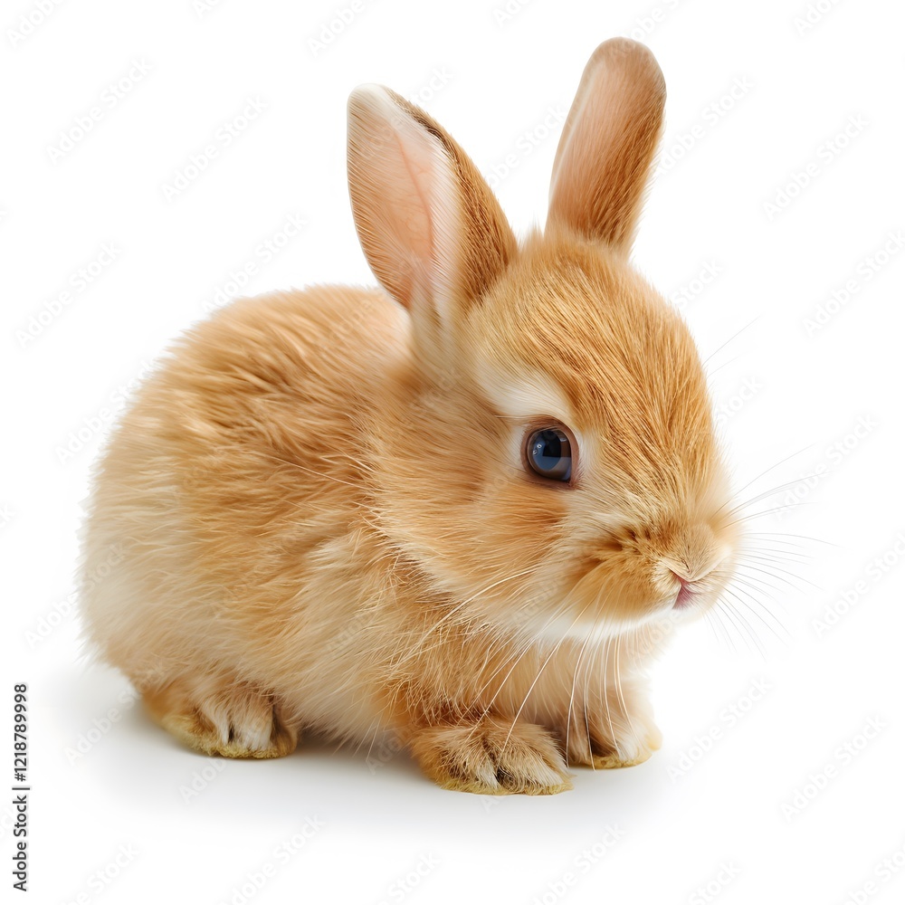 Cute fluffy baby rabbit sitting on soft surface with curious expression Cute fluffy baby rabbit sitting on soft surface with curious expression