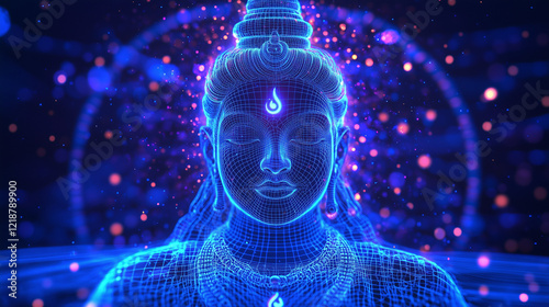 A mesmerizing digital representation of Lord Shiva, depicted in an intricate wireframe structure glowing with divine energy, symbolizing cosmic balance and spiritual strength photo