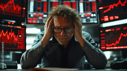 A stressed stock trader overwhelmed by volatile market data on multiple screens, highlighting financial challenges.