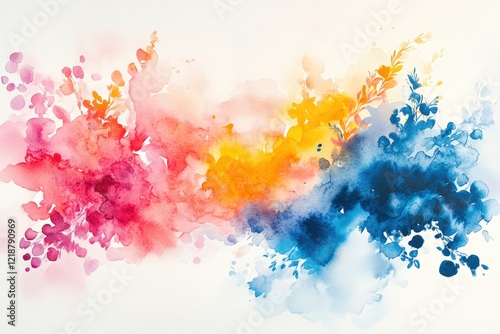 Vibrant watercolor explosion of colorful splashes on white canvas abstract art art studio creative space dynamic expression