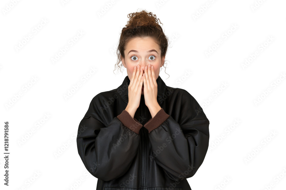 Surprised young woman with brown hair covering her mouth with both hands, isolated on transparent background.