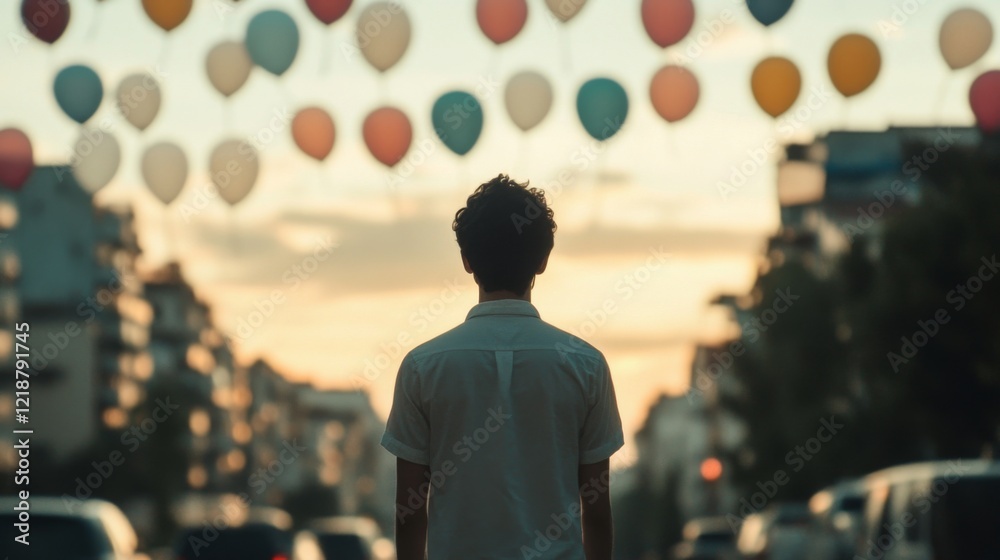 Fototapeta premium Man gazing at colorful balloons against sunset cityscape.