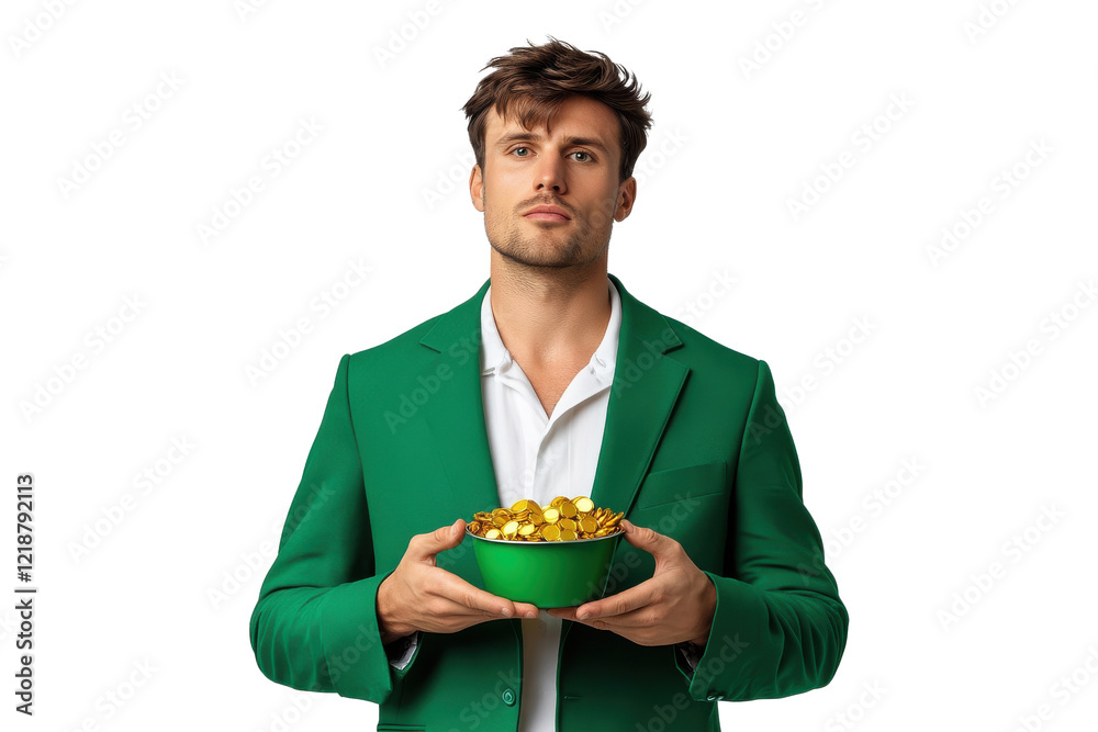 Man in a green suit holding a bowl of gold, celebrating St. Patrick's Day, isolated on transparent background Man in a green suit holding a bowl of gold, celebrating St. Patrick's Day, isolated on transparent background