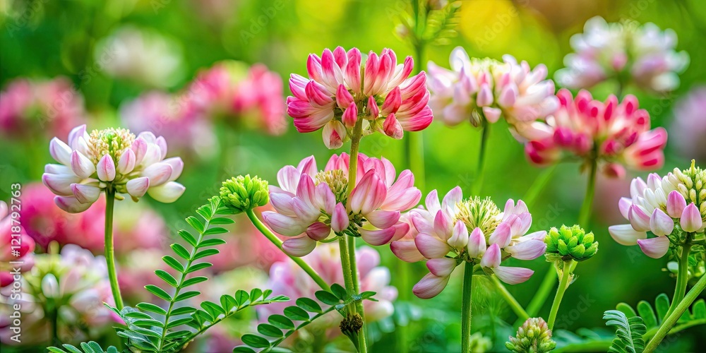 Fototapeta premium Dreamlike pink and white crown vetch meadow, globose umbels, delicate fern-like foliage.