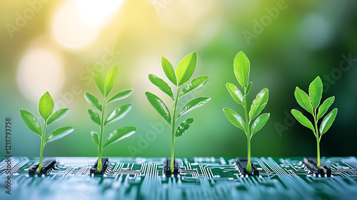 Small plant grows on tech circuit board. Eco friendly tech concept. Future of green energy, tech. Nature, digital meet. New tech eco solutions. Green plant shows eco future. Sustainable tech photo