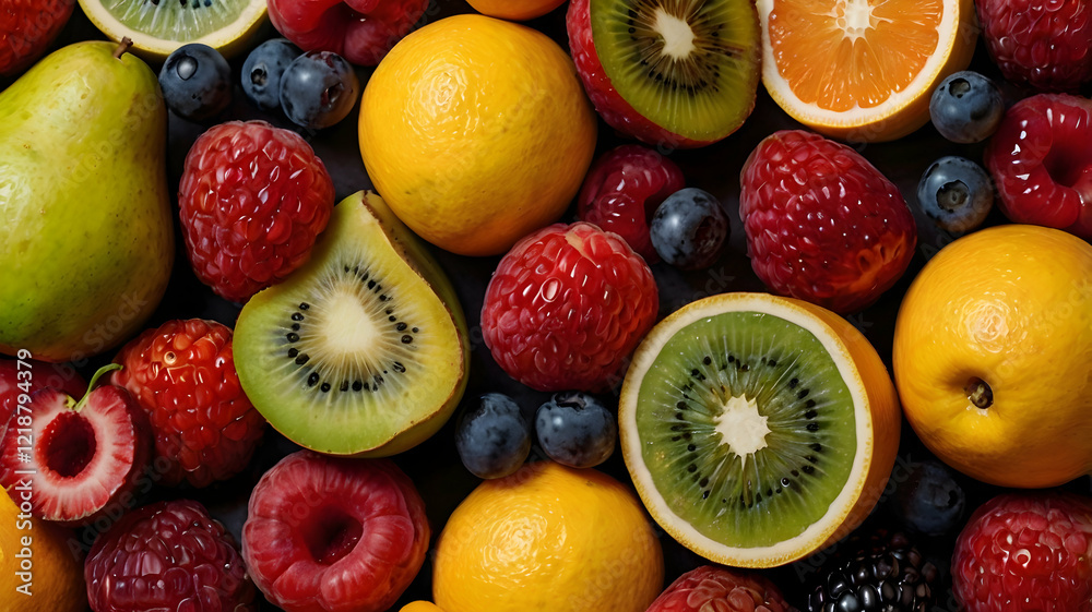 A colorful mix of whole and sliced fruits displayed in fresh harmony