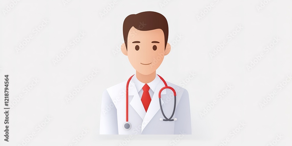 Smiling Doctor Icon: A friendly and approachable cartoon illustration of a male doctor, complete with a white coat and red stethoscope, conveys professionalism and care.