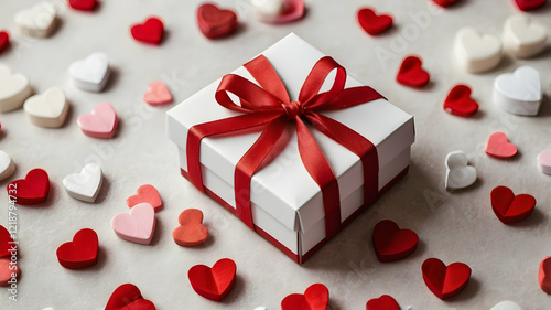 Valentine’s Day gift box with red and white design surrounded by hearts