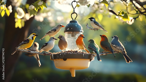 city park, a wide variety of birds gathered around a bird feeder hanging from a tree