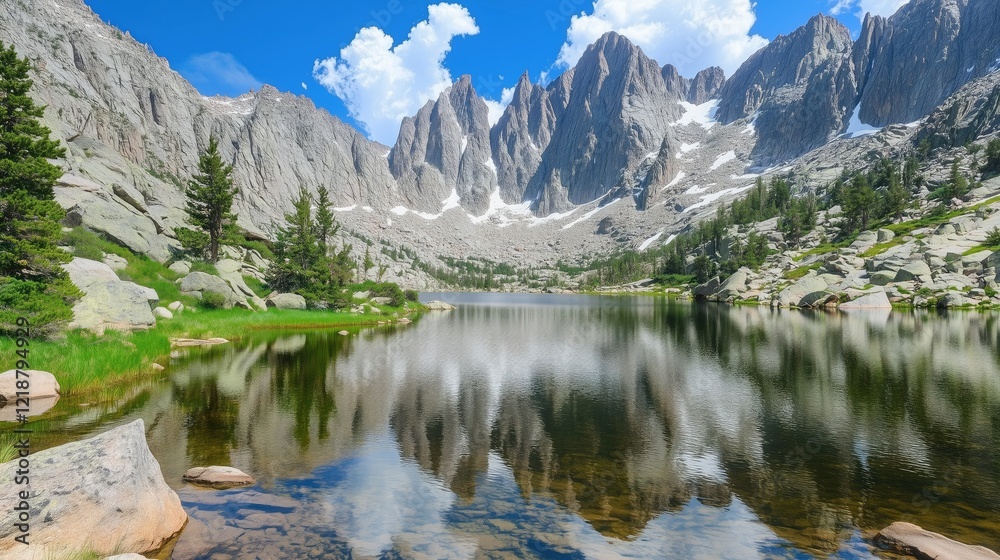 Fototapeta premium Serene mountain lake with a reflection of surrounding peaks - generated AI