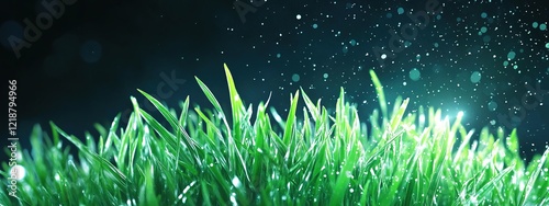 Emerald Sprout: A close-up of verdant blades of grass bathed in a soft, ethereal glow, as droplets of water sparkle like tiny jewels. This mesmerizing shot evokes a sense of tranquility and renewal. photo