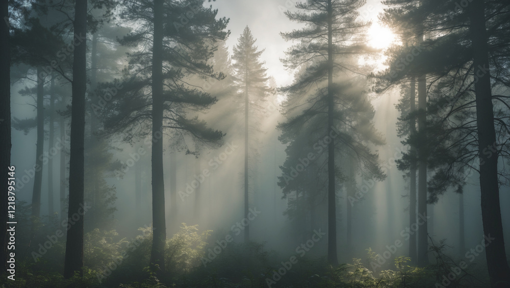 Fototapeta premium Sunbeams pierce a misty pine forest at dawn. Tall tree trunks stand silhouetted against soft, diffused light. Low ferns carpet the forest floor.