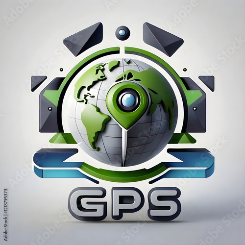 A gps system symbolized by a globe with a pin marking a location surrounded by geometric shapes and the word  gps.