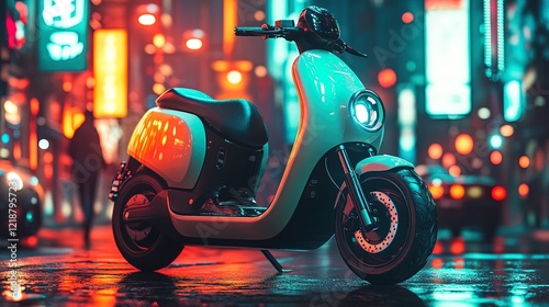 Modern electric scooter parked in a busy city center, vibrant background, eco-friendly vibe 