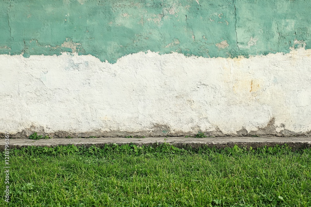 Fototapeta premium Green wall with white paint peeling, contrasting with lush grass in a tranquil outdoor setting
