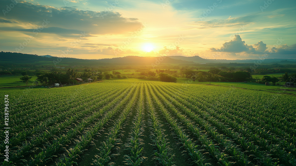 Aerial View of Lush Green Field at Sunset