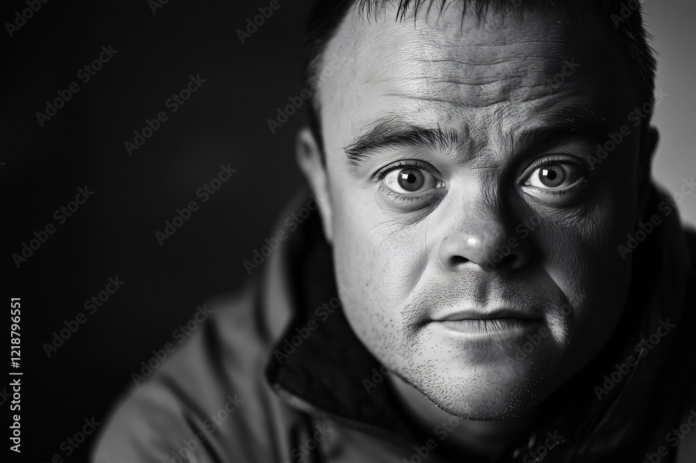 Black and white portrait of a man with down syndrome, conveying hope and resilience Black and white portrait of a man with down syndrome, conveying hope and resilience