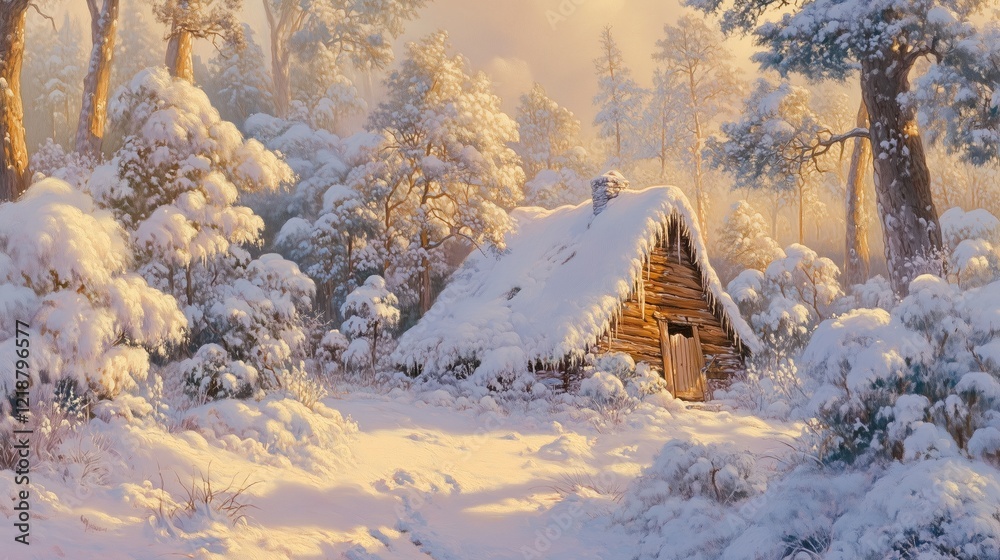 Snow-covered cabin in a pine forest during winter generated AI Snow-covered cabin in a pine forest during winter generated AI