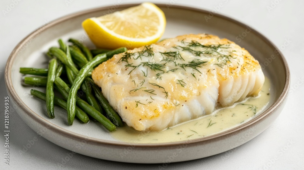Delicious cod fillet with lemon dill sauce gourmet kitchen food photography modern dining close-up culinary art Delicious cod fillet with lemon dill sauce gourmet kitchen food photography modern dining close-up culinary art