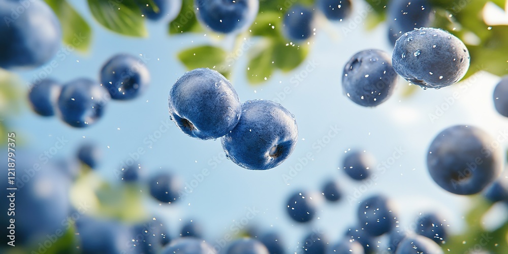 Blueberry Bliss: Juicy blueberries levitate against a bright sky, glistening with freshness in a vibrant, dynamic image. Blueberry Bliss: Juicy blueberries levitate against a bright sky, glistening with freshness in a vibrant, dynamic image.