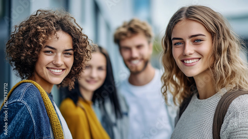 Smiling Group of Young Adults, Three Women and One Man, Standing Together on a City Street, Friendly Millennials Enjoying Time Outdoors.