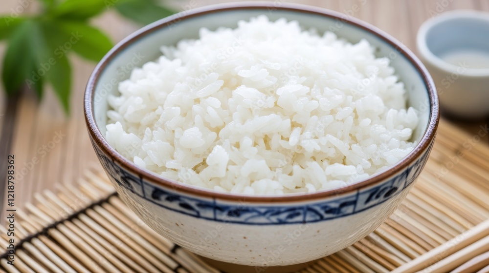 Close-up of a traditional Japanese rice bowl filled with white rice. Featuring a simple, elegant presentation. Emphasizing traditional Japanese dining. Ideal for Japanese cuisine and cultural content. Close-up of a traditional Japanese rice bowl filled with white rice. Featuring a simple, elegant presentation. Emphasizing traditional Japanese dining. Ideal for Japanese cuisine and cultural content.