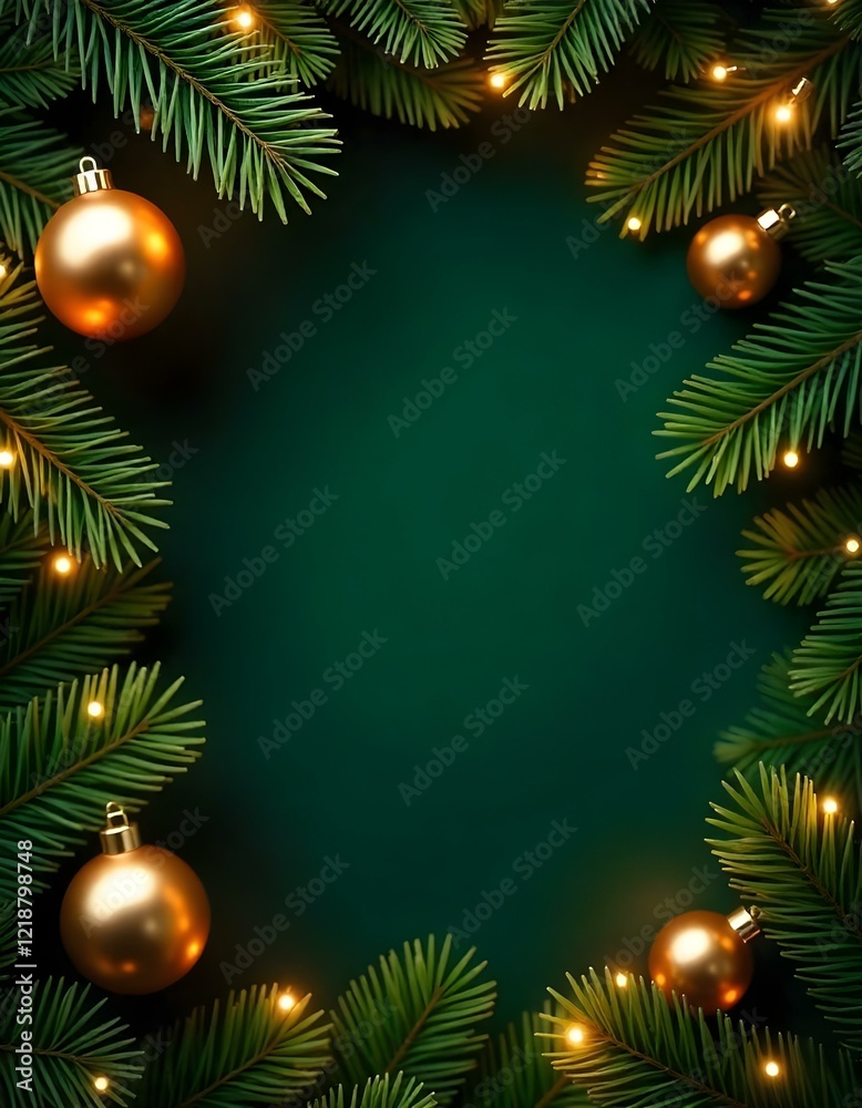 Christmas tree frame with golden ornaments, twinkling lights, and dark green velvet background Christmas tree frame with golden ornaments, twinkling lights, and dark green velvet background