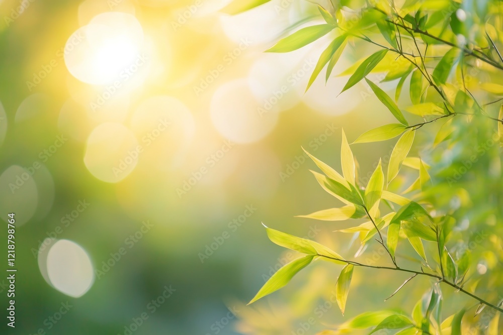 Beautiful bamboo tree background with a bokeh effect, the green and yellow colors of the leaves, a close-up view of bamboo stalks, a nature concept for a spa or wellness design element.