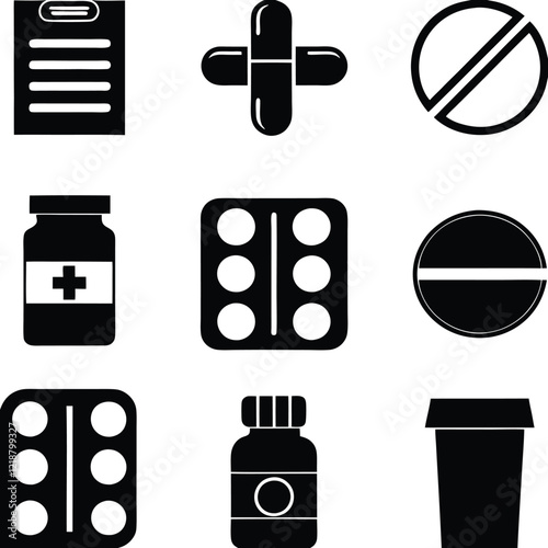 Simple Black and White Vector Icons of Various Pharmaceutical Products