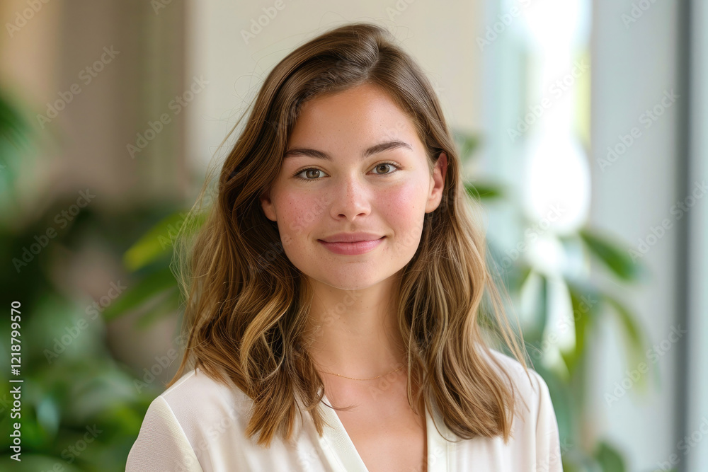 young woman with natural beauty, soft features, and a warm smile stands indoors against a blurred background of greenery, exuding confidence, friendliness, and professionalism young woman with natural beauty, soft features, and a warm smile stands indoors against a blurred background of greenery, exuding confidence, friendliness, and professionalism