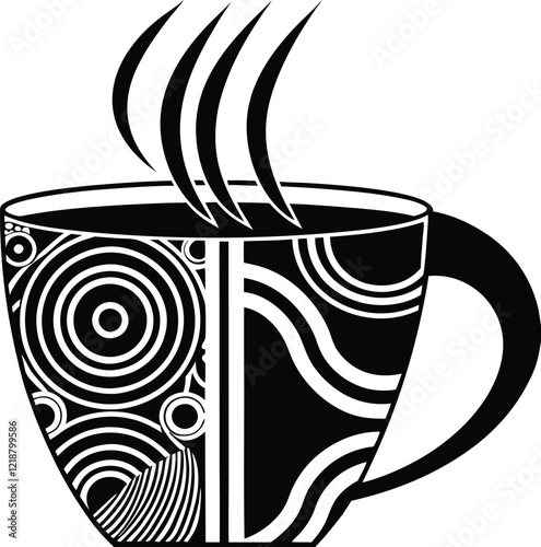 Stylized Black and White Coffee Cup with Abstract Design