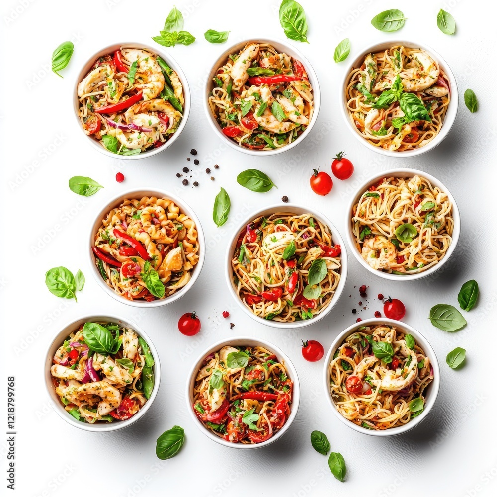 Nine bowls of chicken pasta salad, overhead shot. Food photography for restaurant menus Nine bowls of chicken pasta salad, overhead shot. Food photography for restaurant menus