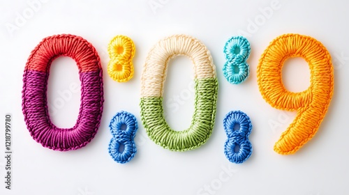 For crafting themes, a vibrant set of crocheted numbers (0–9) in various colors on a stark white background photo