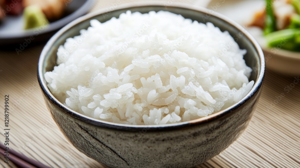 Close-up of a traditional Japanese rice bowl filled with white rice. Featuring a simple, elegant presentation. Emphasizing traditional Japanese dining. Ideal for Japanese cuisine and cultural content. Close-up of a traditional Japanese rice bowl filled with white rice. Featuring a simple, elegant presentation. Emphasizing traditional Japanese dining. Ideal for Japanese cuisine and cultural content.