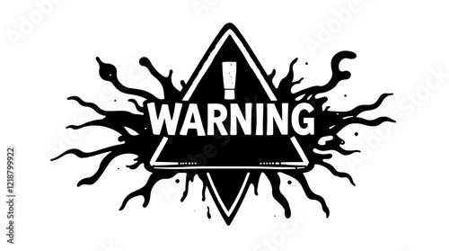 Bold Warning Sign with Black Ink Splatter Traditional Tattoo Art Print Depicting Cyberattack and Malicious Software in Jet Black Transparent Background photo