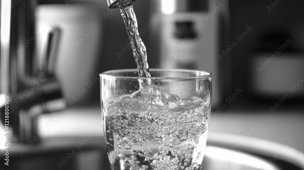 Crystal-clear water flowing from a modern kitchen Crystal-clear water flowing from a modern kitchen
