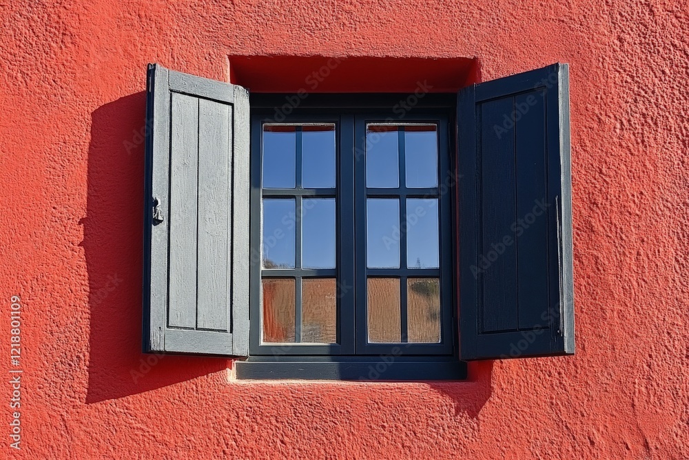 Obraz premium Open window with grey shutters on vibrant red wall highlights unique architectural detail in bright sunlight