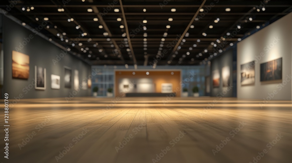 Fototapeta premium Abstract blurred view of a spacious exhibition room with modern art displayed on walls under bright ceiling lights