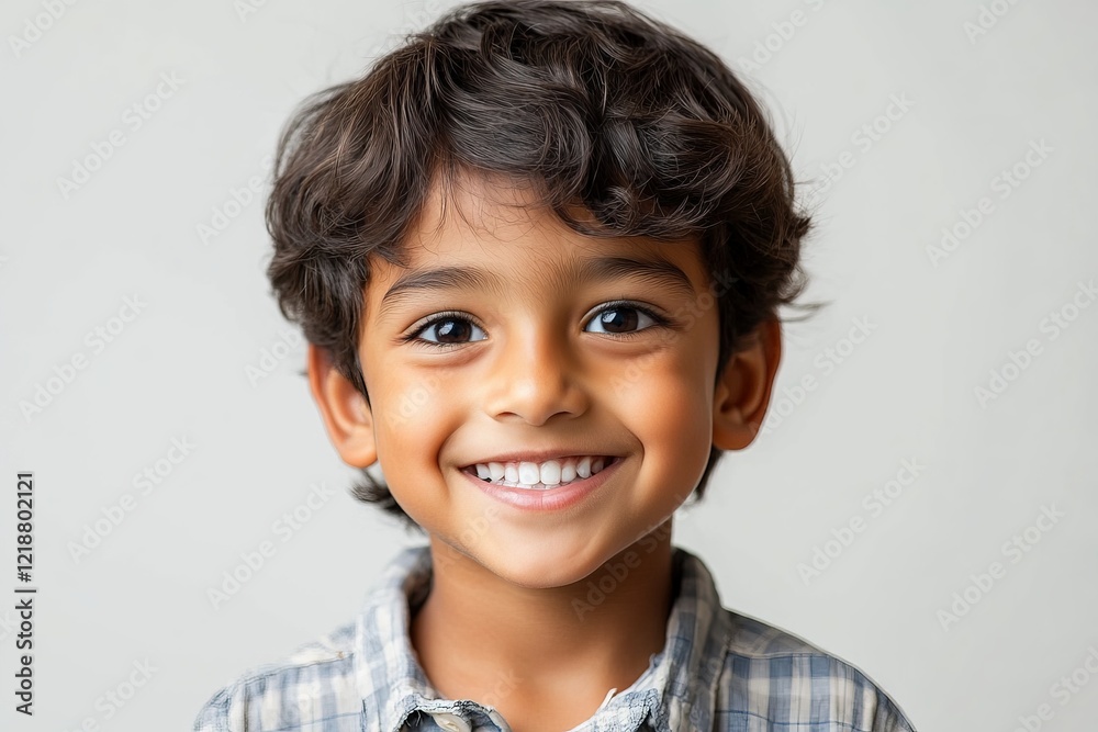 Smiling young boy with curly hair in a checked shirt poses against a neutral background Smiling young boy with curly hair in a checked shirt poses against a neutral background