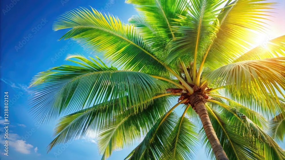 Obraz premium Lush coconut fronds against a hazy blue sky; a tropical summer escape.