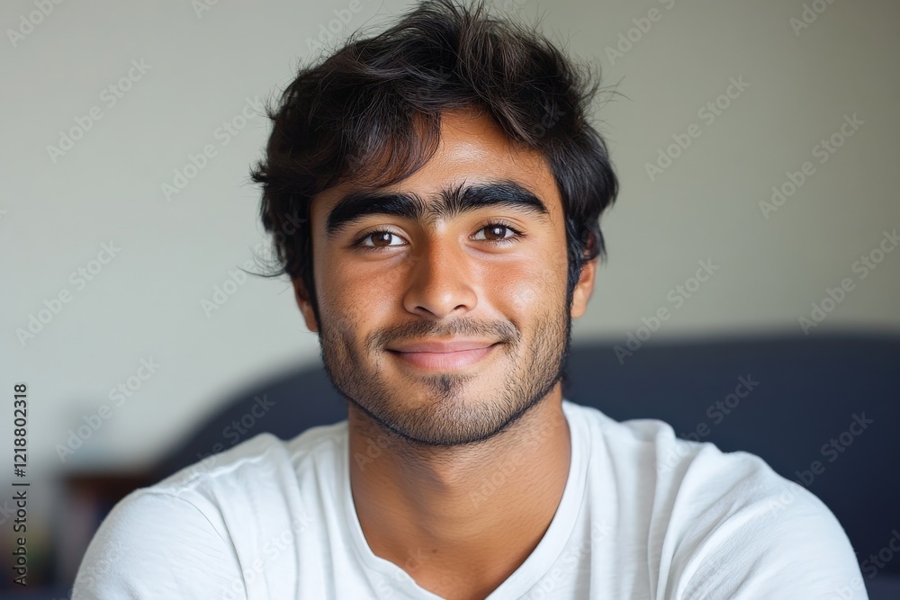Fototapeta premium Young man with a warm smile poses for a casual portrait in a comfortable indoor setting
