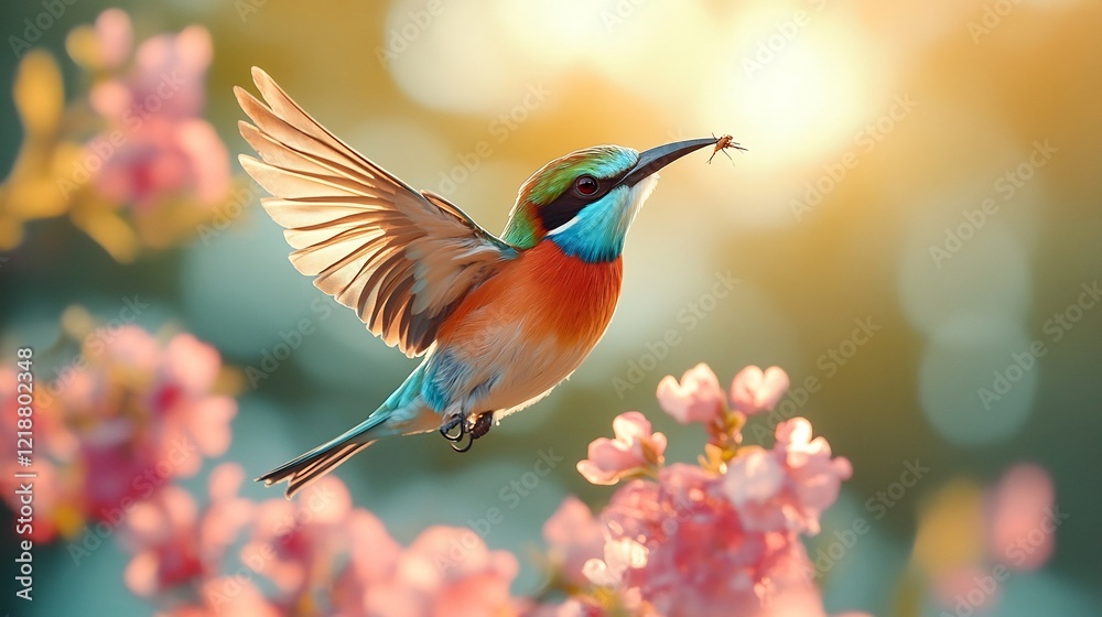 Naklejka premium A bee eater bird mid flight catching an insect against a blue sky