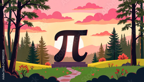 Giant pi sculpture in tranquil forest at sunrise, mathematical beauty