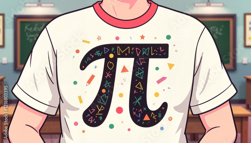 Playful Pi symbol on T-shirt in classroom setting, educational creativity