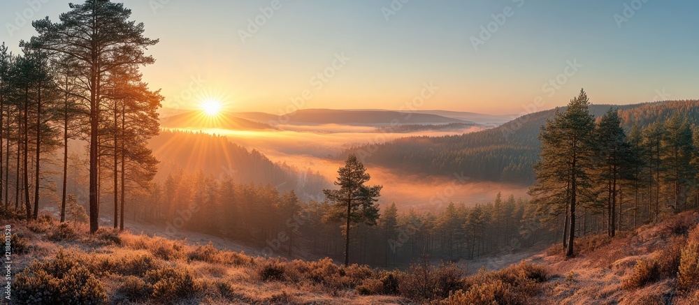 Fototapeta premium Sunrise over misty valley, pine trees
