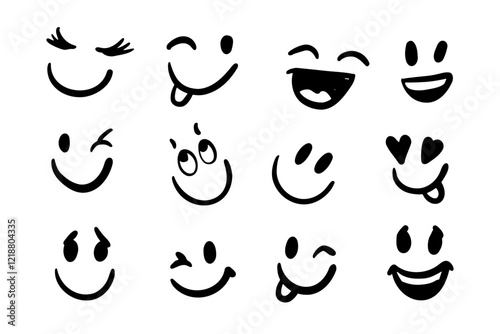 Happy doodle smiley collection isolated on white background. Simple faces. Cute icon set