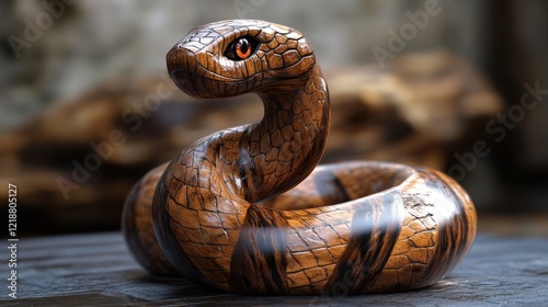 Wooden snake sculpture showcases intricate craftsmanship and lifelike detail. The warm brown tones and unique patterns enhance its natural beauty. Perfect for art lovers and collectors alike.