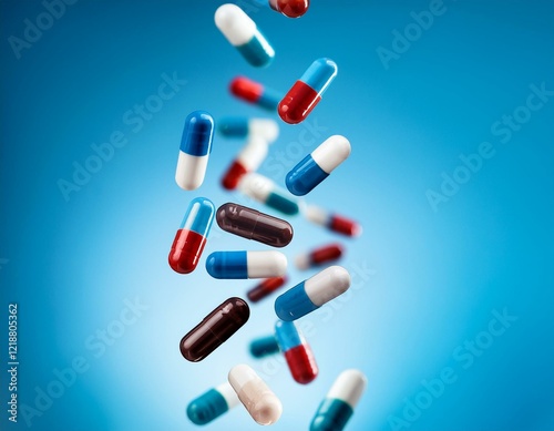 antibiotic pill capsules falling healthcare and medical on a blue background