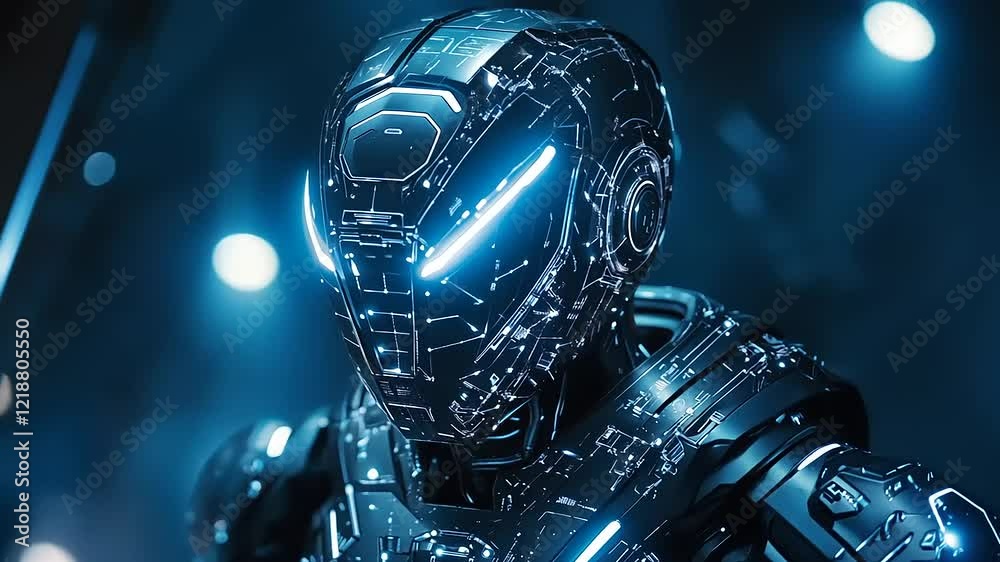 Futuristic robotic figure with glowing blue accents in a high-tech environment, showcasing advanced technology Futuristic robotic figure with glowing blue accents in a high-tech environment, showcasing advanced technology
