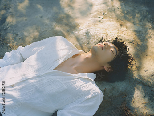 Dreamy portrait man white shirt lying peacefully grass,bathed soft natural light,serenity relaxation summer outdoor,nap,cozy,sexy,fit,cute,warm,park,male,life,model,asian,fastion,sunlight, photo